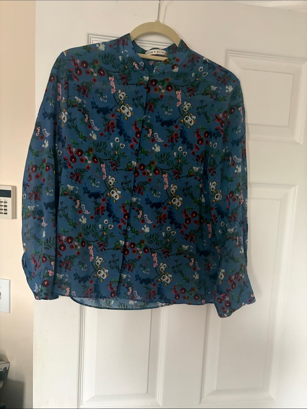 Alice + Olivia Blue Floral Mandarin-Collar Blouse